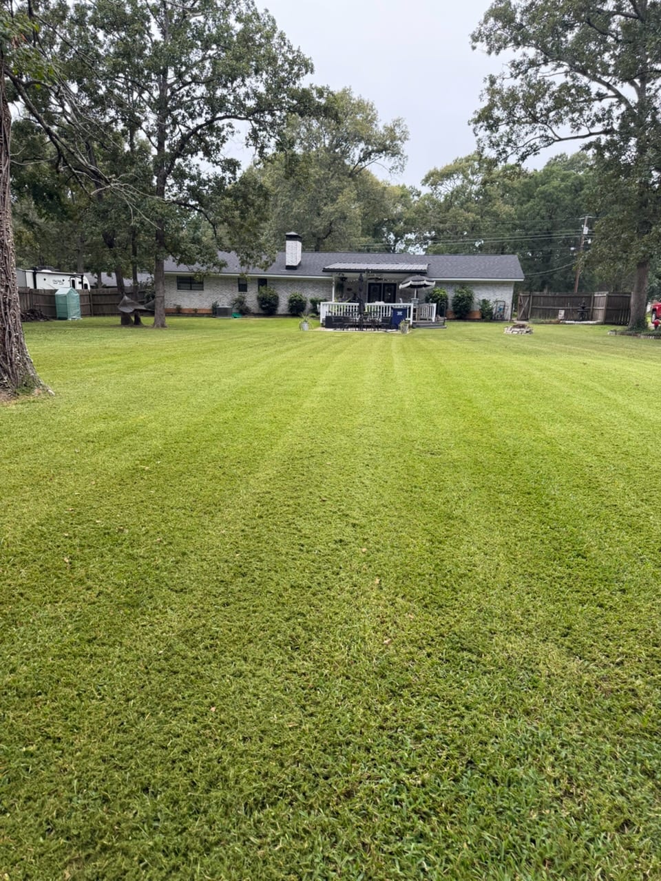 Freshly mowed backyard with clean stripes leading to a brick home in Nacogdoches, TX